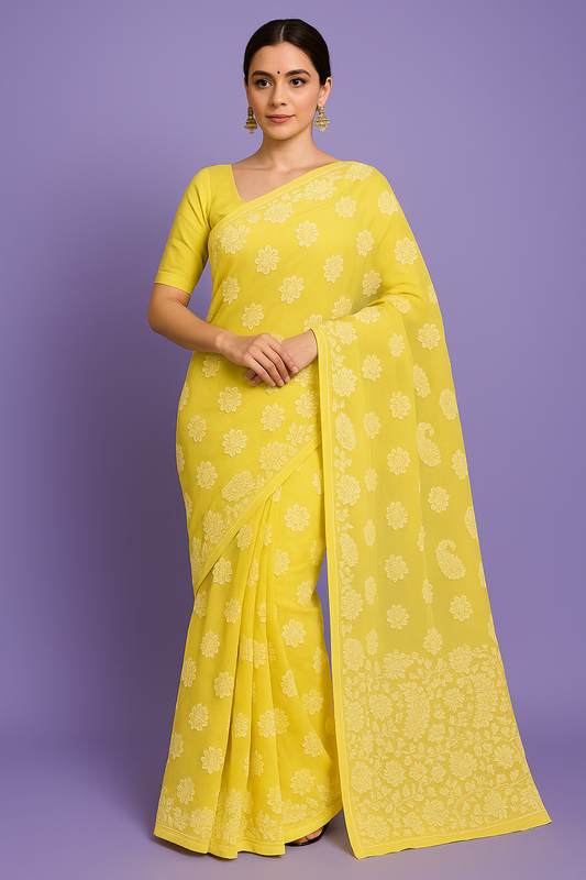 Yellow Chikankari Saree with Blouse Piece | Handcrafted Georgette-Cotton Blend