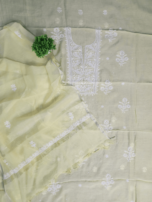 Unstitched Light Yellow Mulmul Chanderi Suit Piece with Dupatta