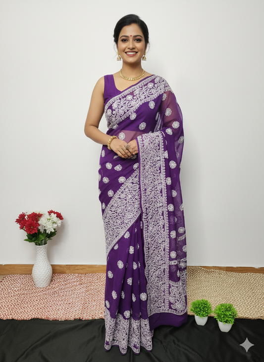 Dark Purple Chikankari Saree with Blouse Piece | Handcrafted Georgette-Cotton Blend
