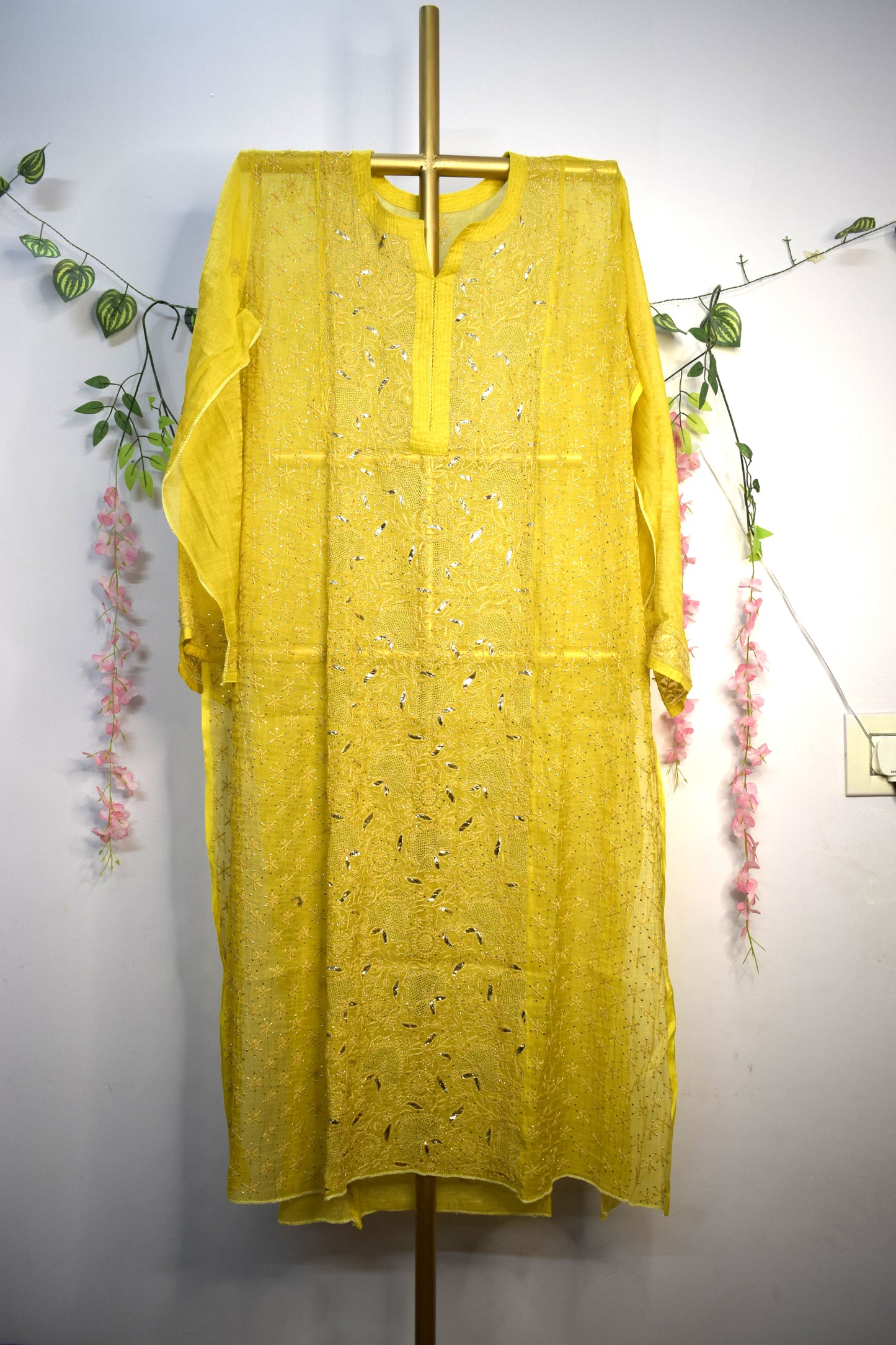 Semi-Stitched Mustard Yellow Tissue Suit Set with Golden Thread Embroidery