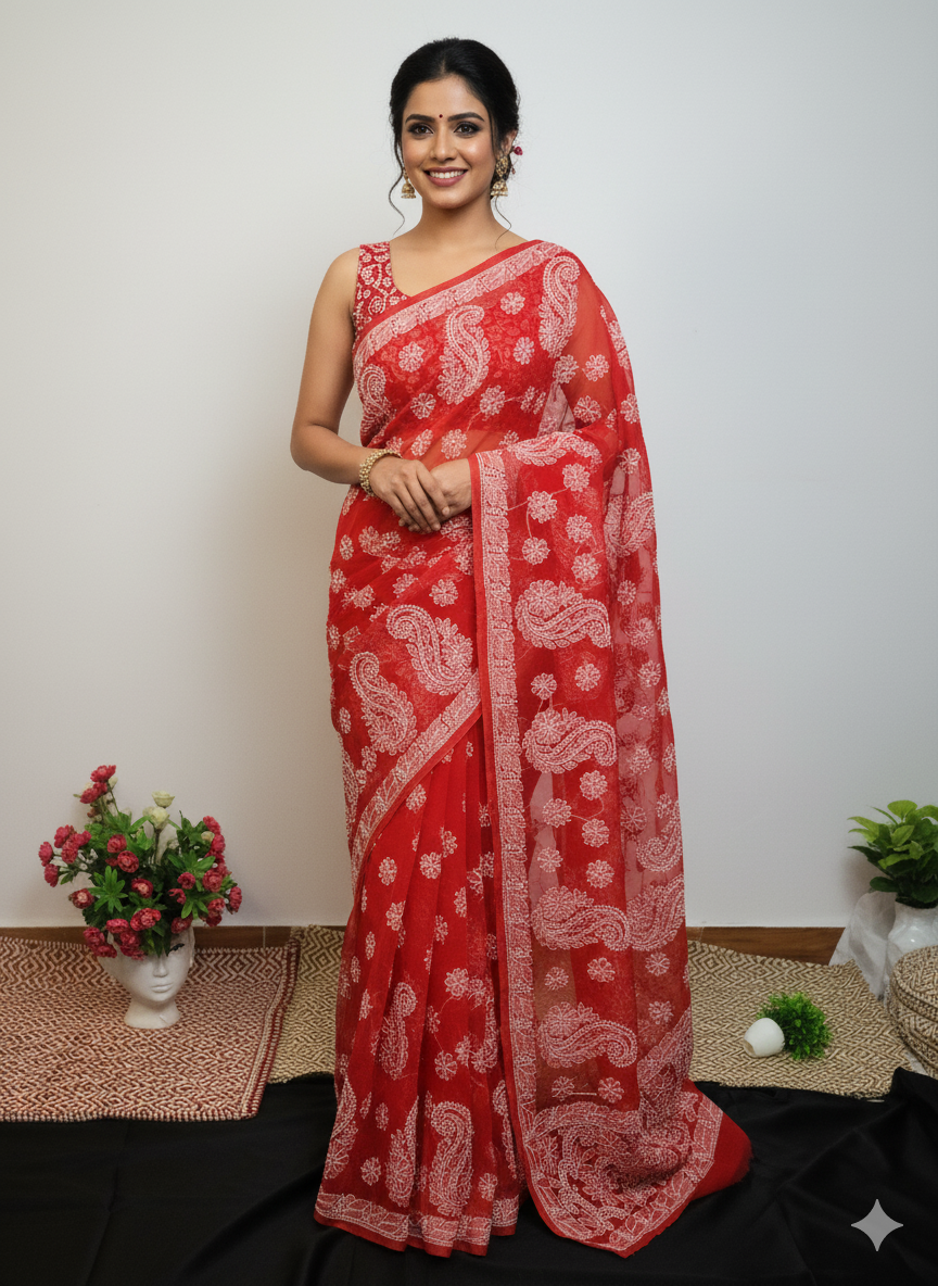 Red Chikankari Saree with Blouse Piece | Handcrafted Georgette-Cotton Blend