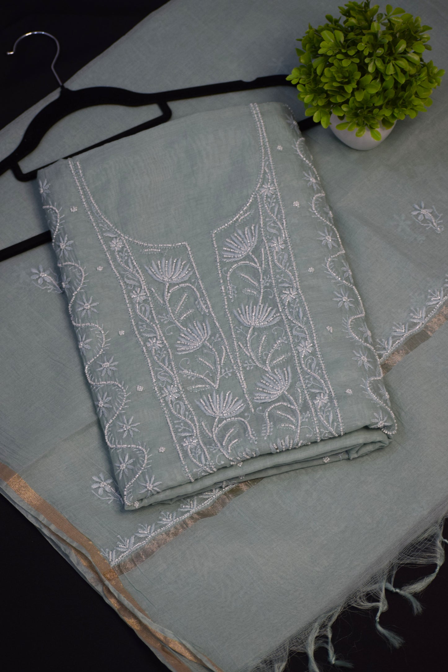 Unstitched Aqua Marine thread Mulmul Chanderi Suit Piece with Dupatta