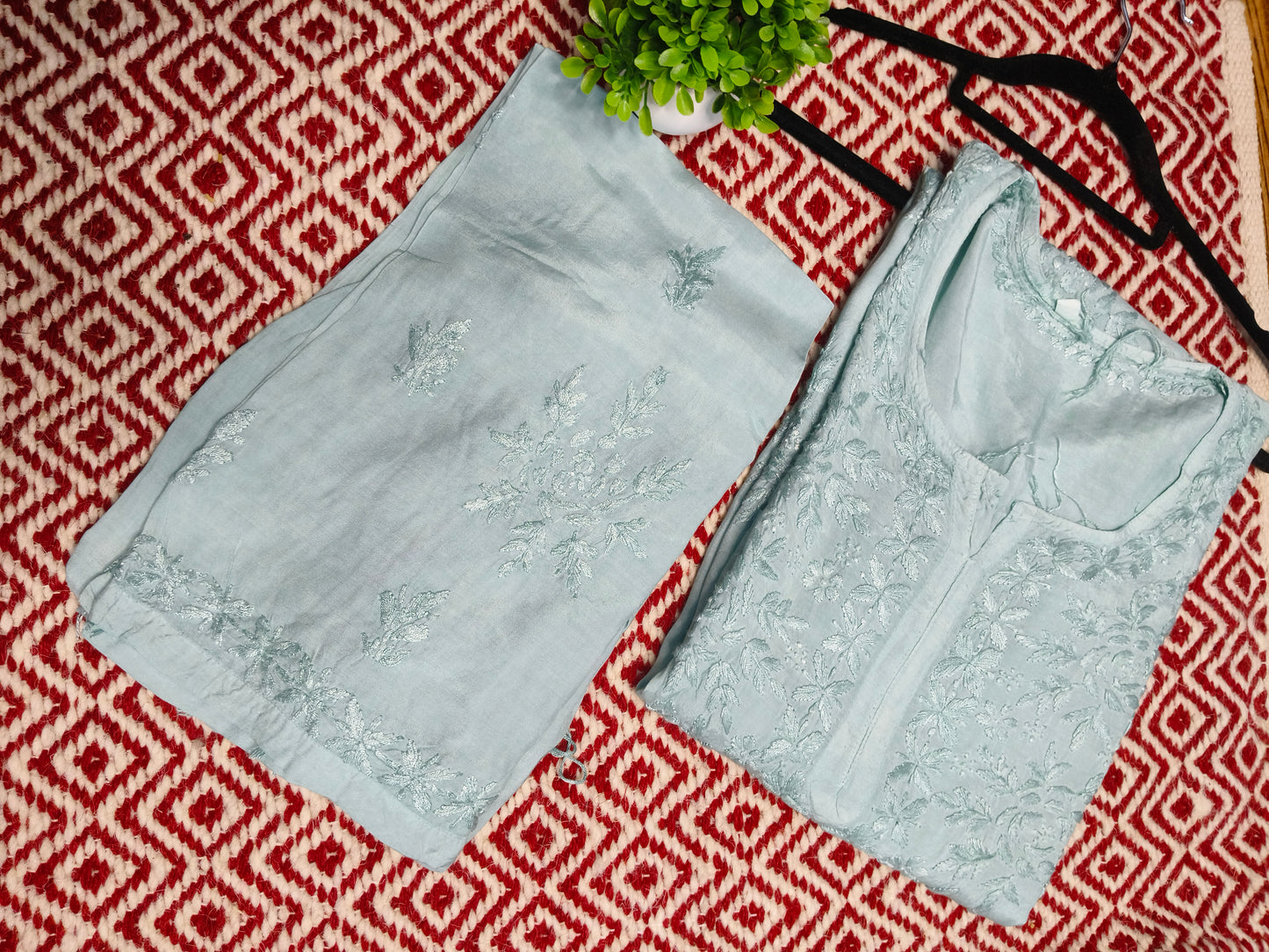 Aqua Marine Masleen Kurta Set with Palazzo | Handcrafted Chikankari Kurti & Palazzo Set | Varnika Exclusive Chikan