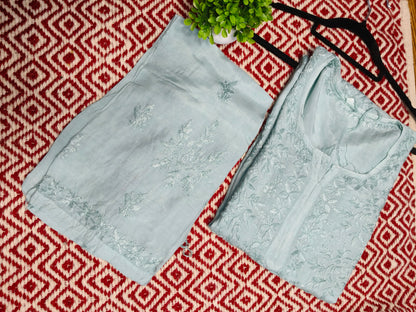 Aqua Marine Masleen Kurta Set with Palazzo | Handcrafted Chikankari Kurti & Palazzo Set | Varnika Exclusive Chikan