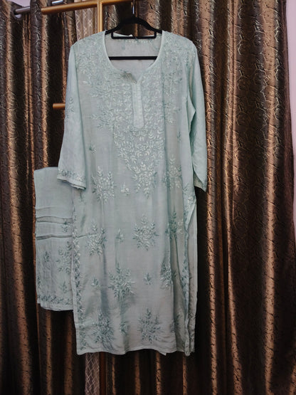 Aqua Marine Masleen Kurta Set with Palazzo | Handcrafted Chikankari Kurti & Palazzo Set | Varnika Exclusive Chikan