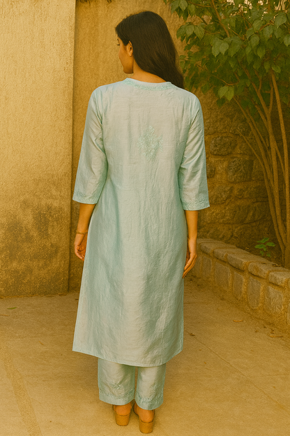 Aqua Marine Chanderi Kurta Set with Palazzo | Handcrafted Chikankari Embroidery | Varnika Exclusive Chikan