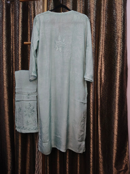 Aqua Marine Masleen Kurta Set with Palazzo | Handcrafted Chikankari Kurti & Palazzo Set | Varnika Exclusive Chikan
