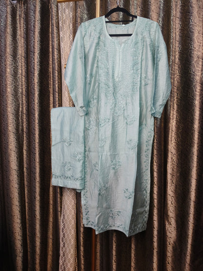 Aqua Marine Chanderi Kurta Set with Palazzo | Handcrafted Chikankari Embroidery | Varnika Exclusive Chikan