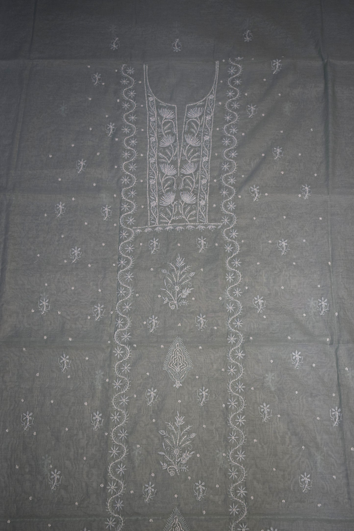 Unstitched Aqua Marine thread Mulmul Chanderi Suit Piece with Dupatta