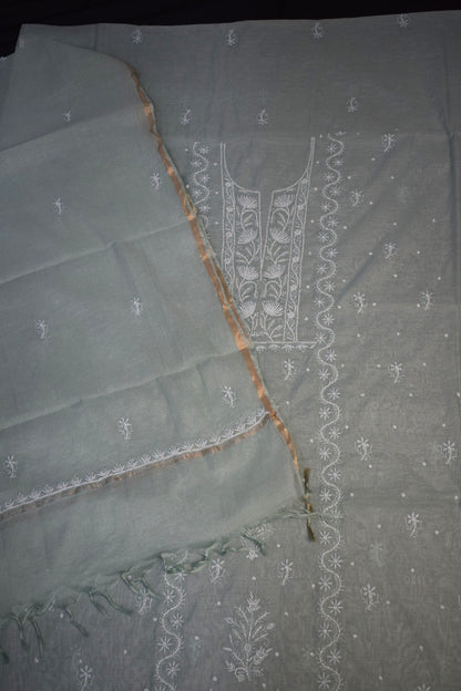 Unstitched Aqua Marine thread Mulmul Chanderi Suit Piece with Dupatta