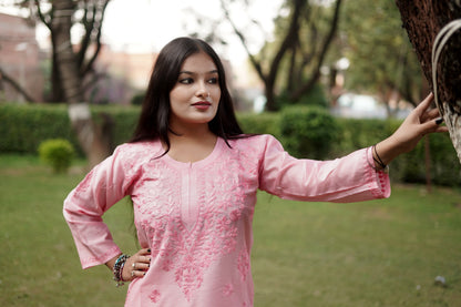 Baby Pink Chanderi Kurta Set with Palazzo | Handcrafted Chikankari Embroidery | Varnika Exclusive Chikan