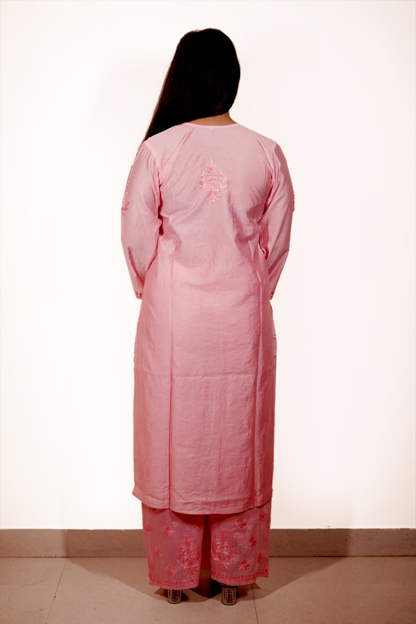 Baby Pink Chanderi Kurta Set with Palazzo | Handcrafted Chikankari Embroidery | Varnika Exclusive Chikan
