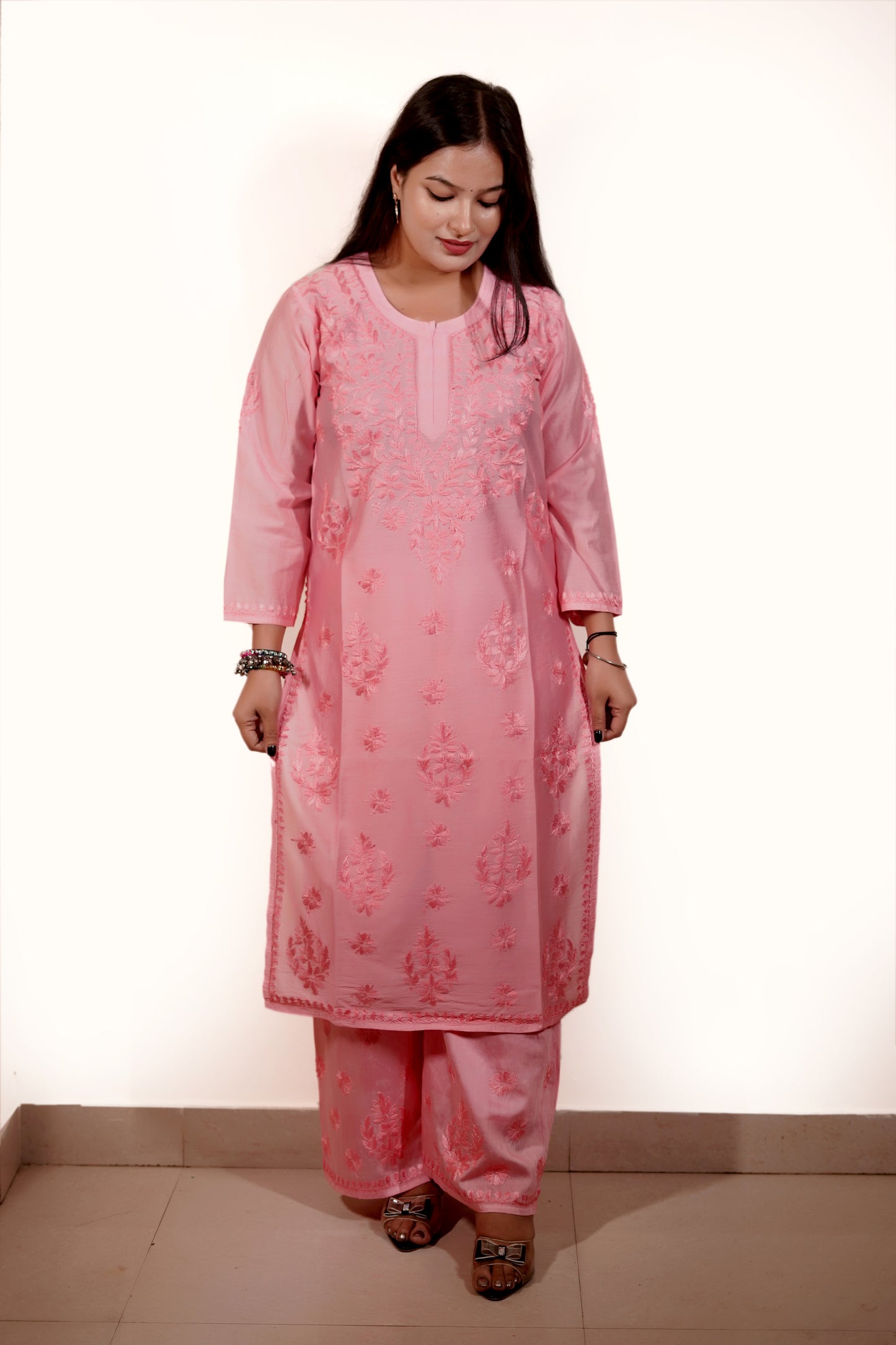 Baby Pink Chanderi Kurta Set with Palazzo | Handcrafted Chikankari Embroidery | Varnika Exclusive Chikan