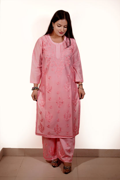 Baby Pink Chanderi Kurta Set with Palazzo | Handcrafted Chikankari Embroidery | Varnika Exclusive Chikan