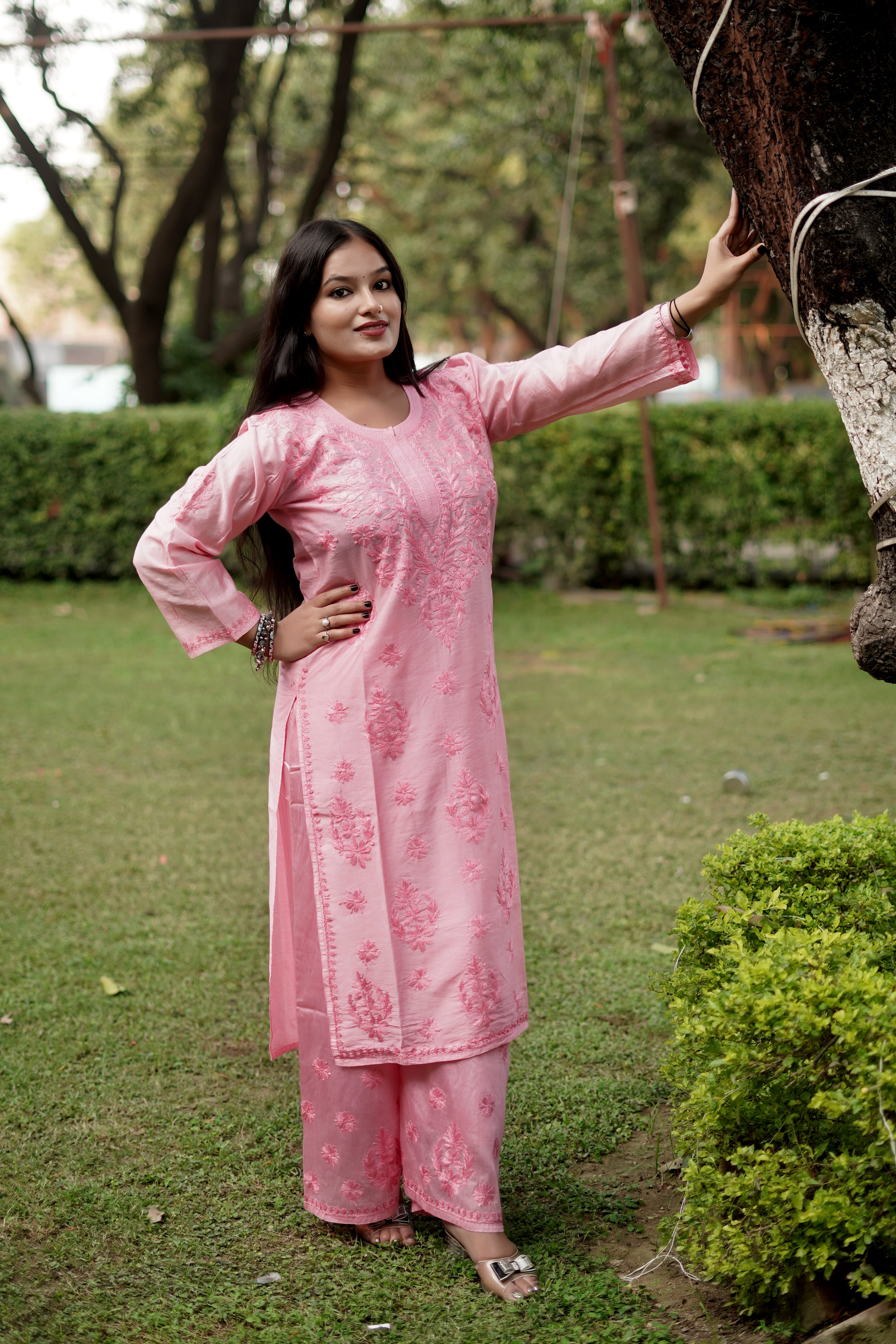 Baby Pink Chanderi Kurta Set with Palazzo | Handcrafted Chikankari Embroidery | Varnika Exclusive Chikan