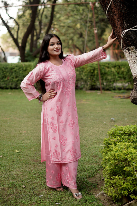 Baby Pink Chanderi Kurta Set with Palazzo | Handcrafted Chikankari Embroidery | Varnika Exclusive Chikan