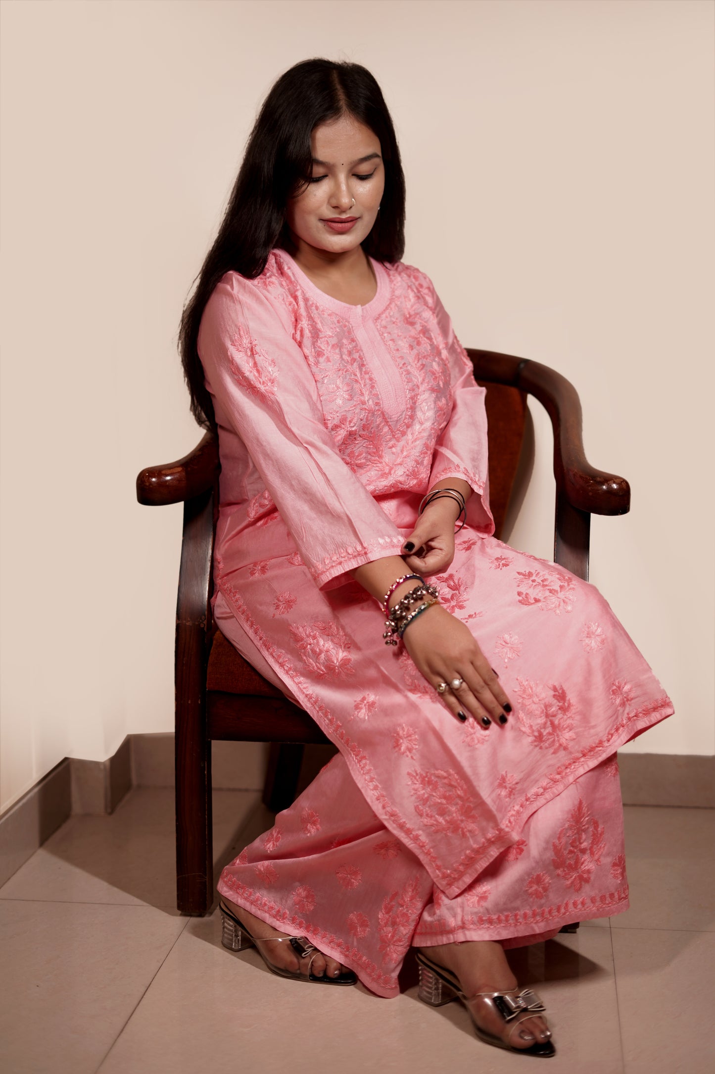 Baby Pink Chanderi Kurta Set with Palazzo | Handcrafted Chikankari Embroidery | Varnika Exclusive Chikan