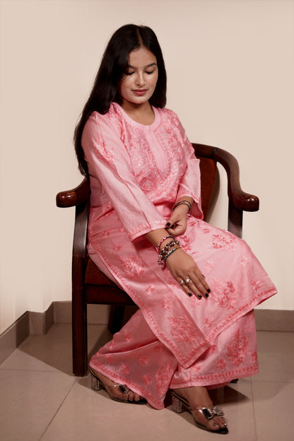 Baby Pink Chanderi Kurta Set with Palazzo | Handcrafted Chikankari Embroidery | Varnika Exclusive Chikan