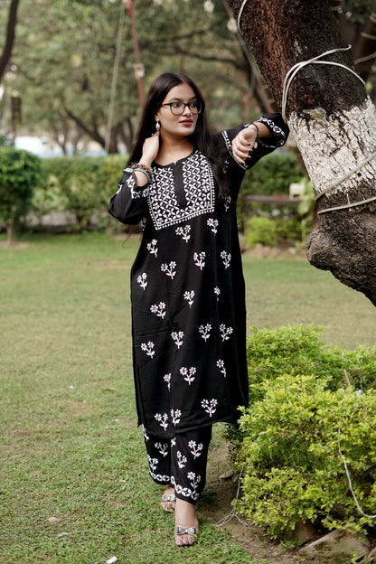 Black Rayon Chikankari Kurta Set with Ghaspatti & Phanda Embroidery | Varnika Exclusive Chikan