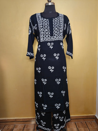 Black Rayon Chikankari Kurta Set with Ghaspatti & Phanda Embroidery | Varnika Exclusive Chikan