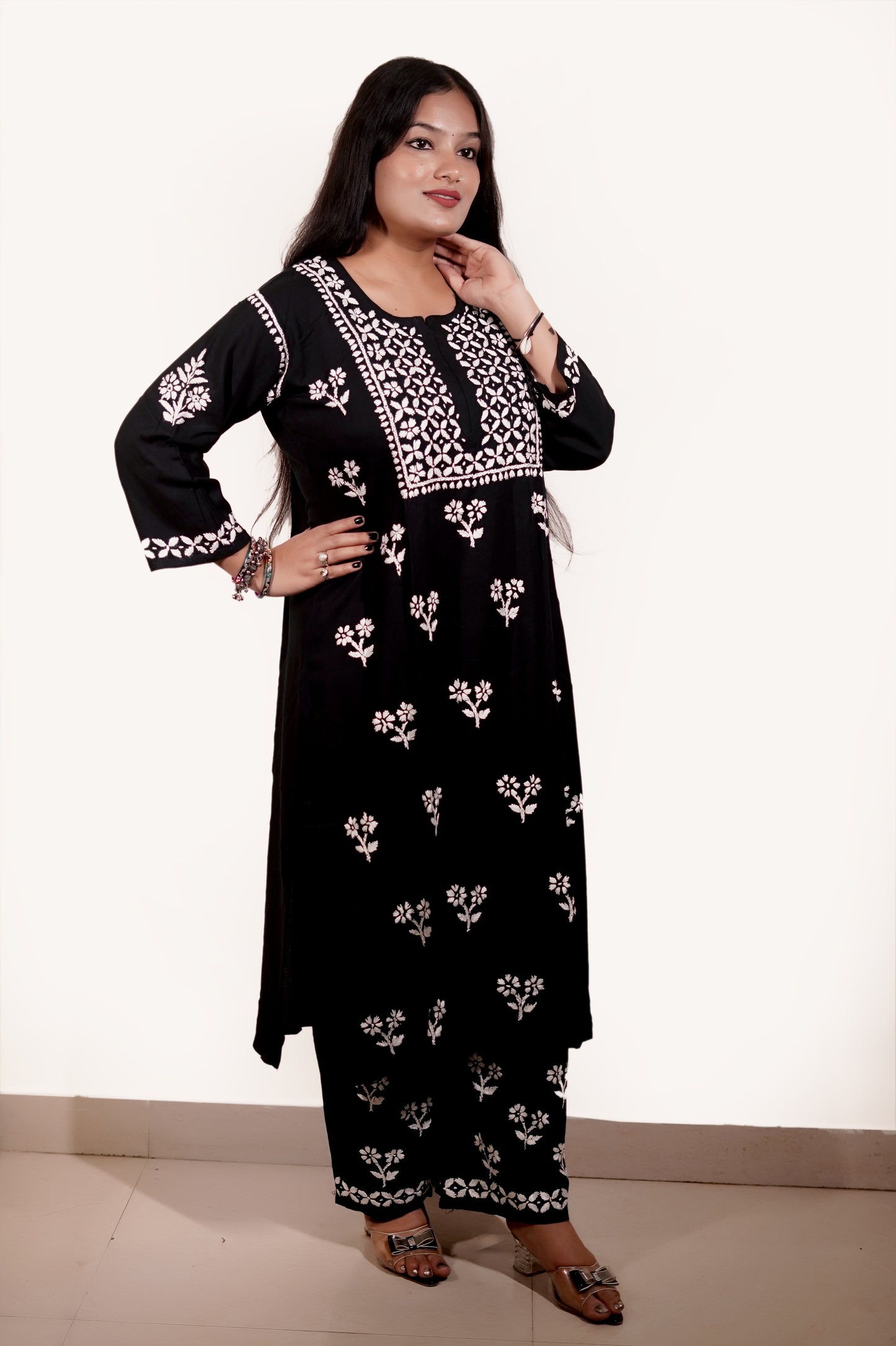 Black Rayon Chikankari Kurta Set with Ghaspatti & Phanda Embroidery | Varnika Exclusive Chikan