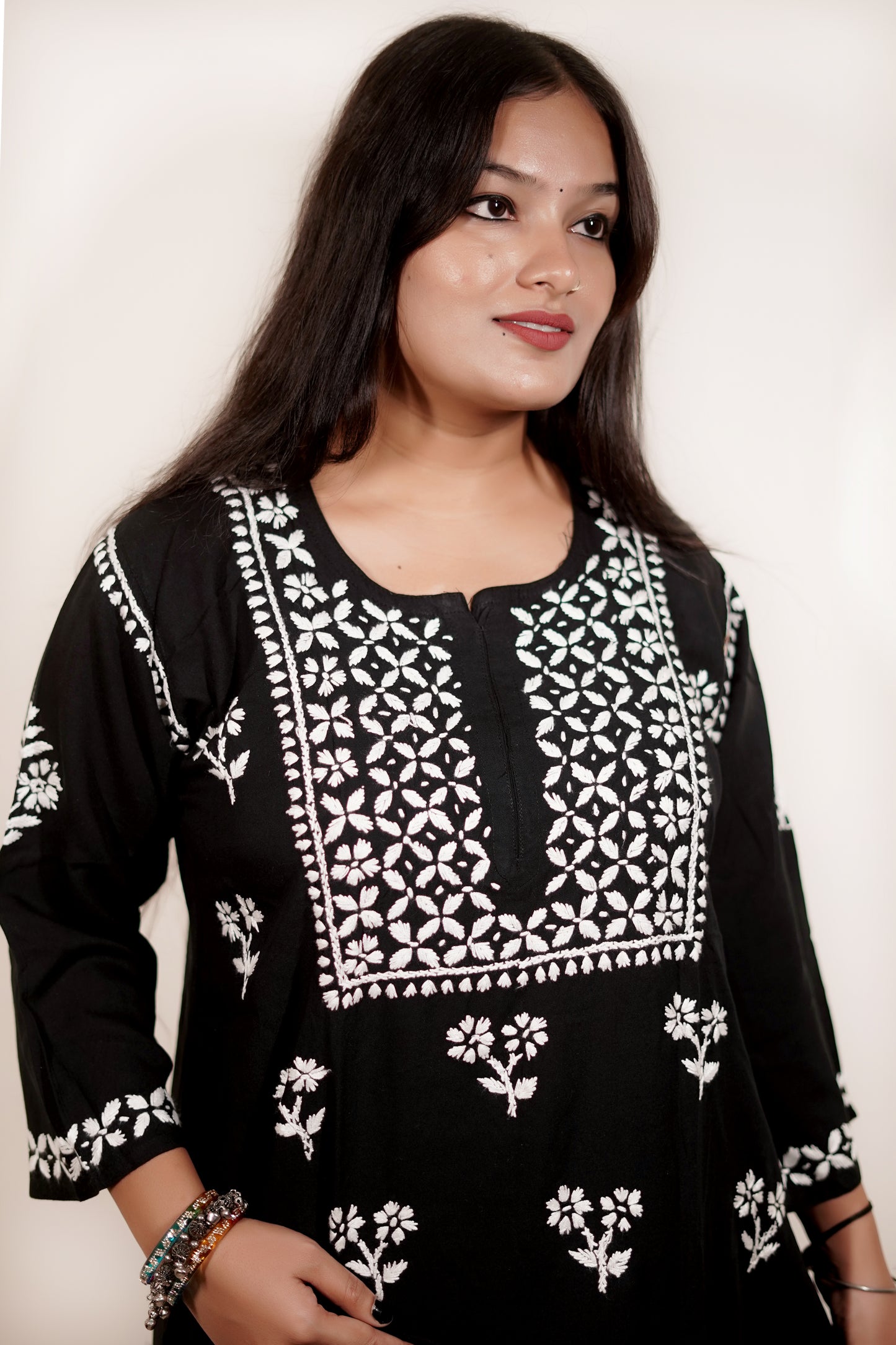 Black Rayon Chikankari Kurta Set with Ghaspatti & Phanda Embroidery | Varnika Exclusive Chikan