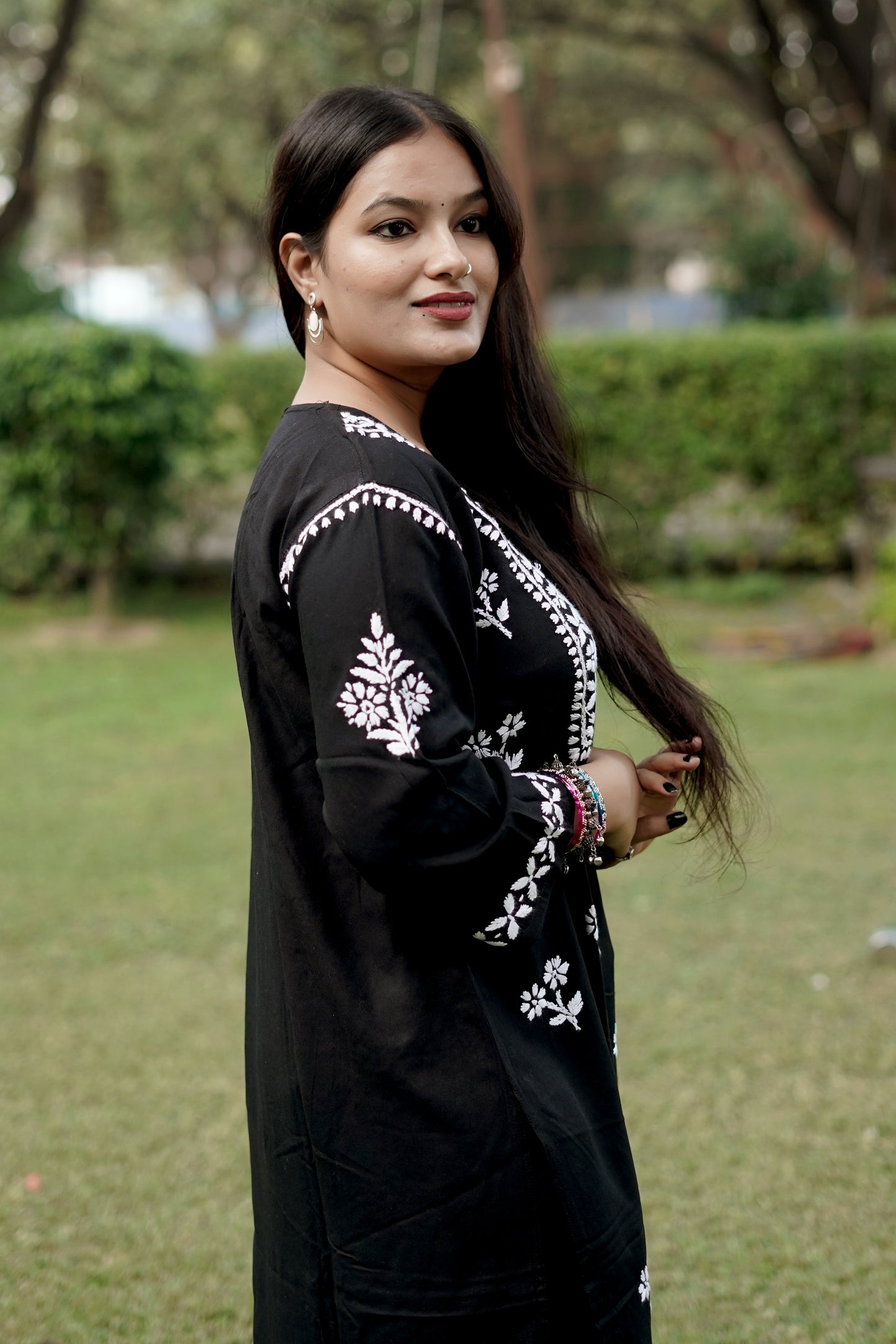 Black Rayon Chikankari Kurta Set with Ghaspatti & Phanda Embroidery | Varnika Exclusive Chikan
