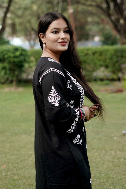 Black Rayon Chikankari Kurta Set with Ghaspatti & Phanda Embroidery | Varnika Exclusive Chikan