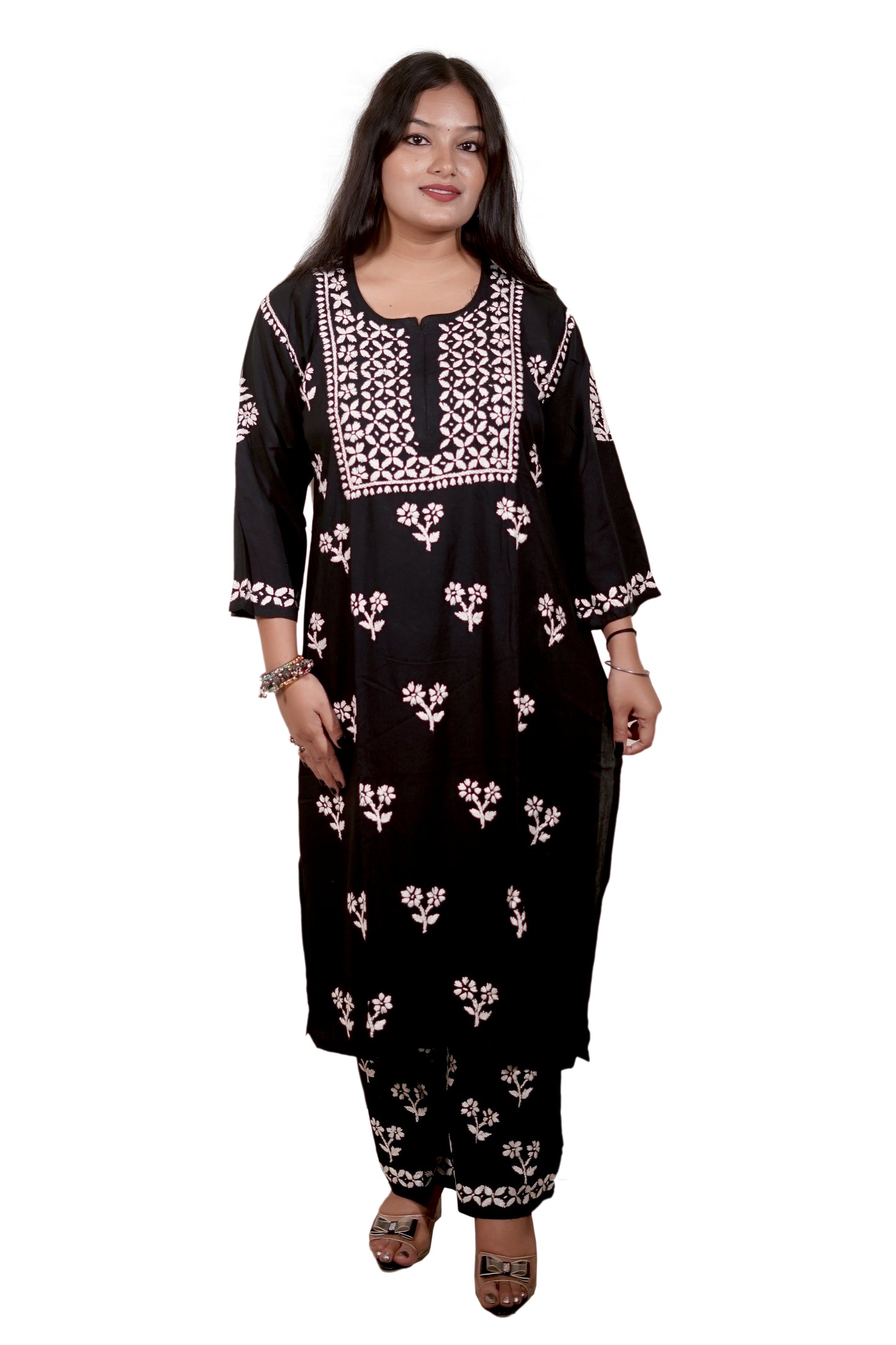 Black Rayon Chikankari Kurta Set with Ghaspatti & Phanda Embroidery | Varnika Exclusive Chikan