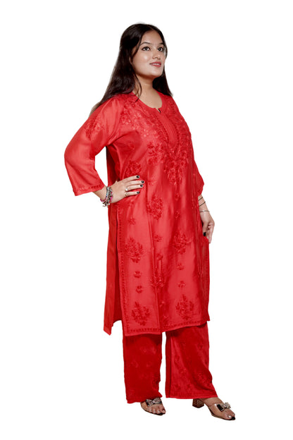 Red Chanderi Kurta Set with Palazzo | Handcrafted Chikankari Embroidery | Varnika Exclusive Chikan