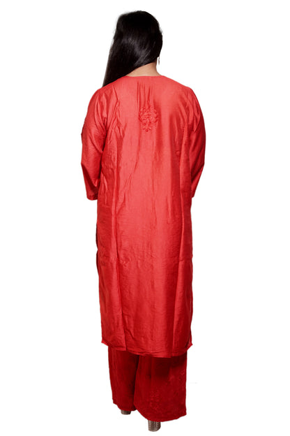 Red Chanderi Kurta Set with Palazzo | Handcrafted Chikankari Embroidery | Varnika Exclusive Chikan