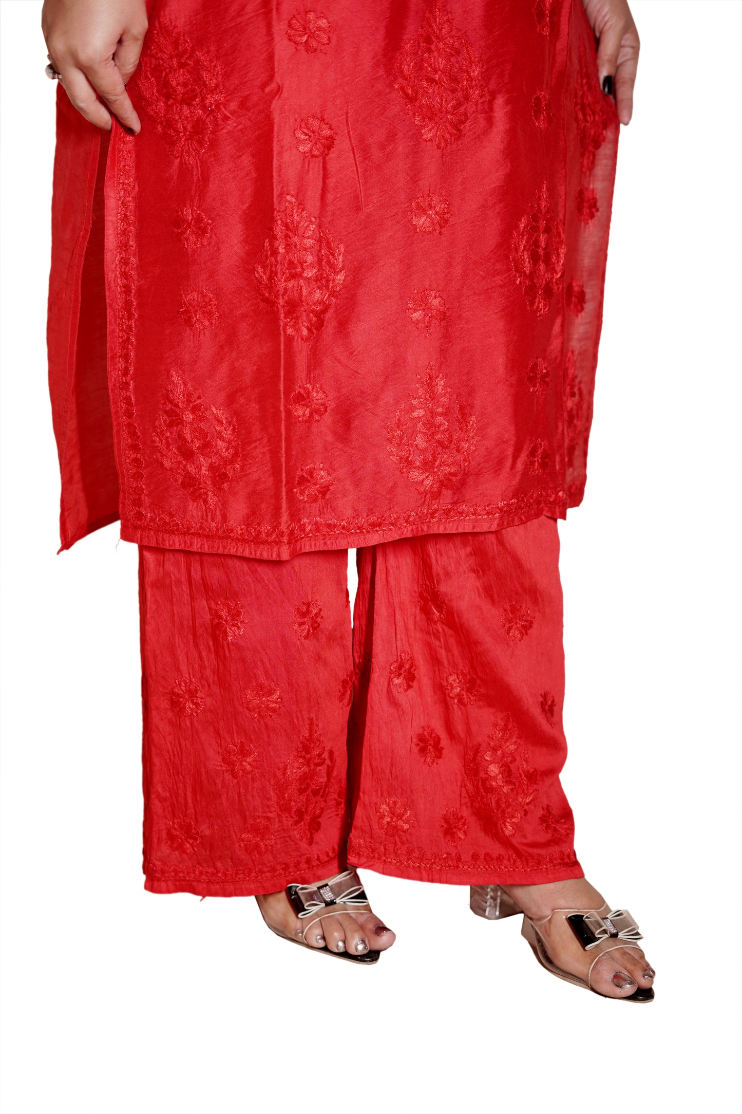 Red Chanderi Kurta Set with Palazzo | Handcrafted Chikankari Embroidery | Varnika Exclusive Chikan
