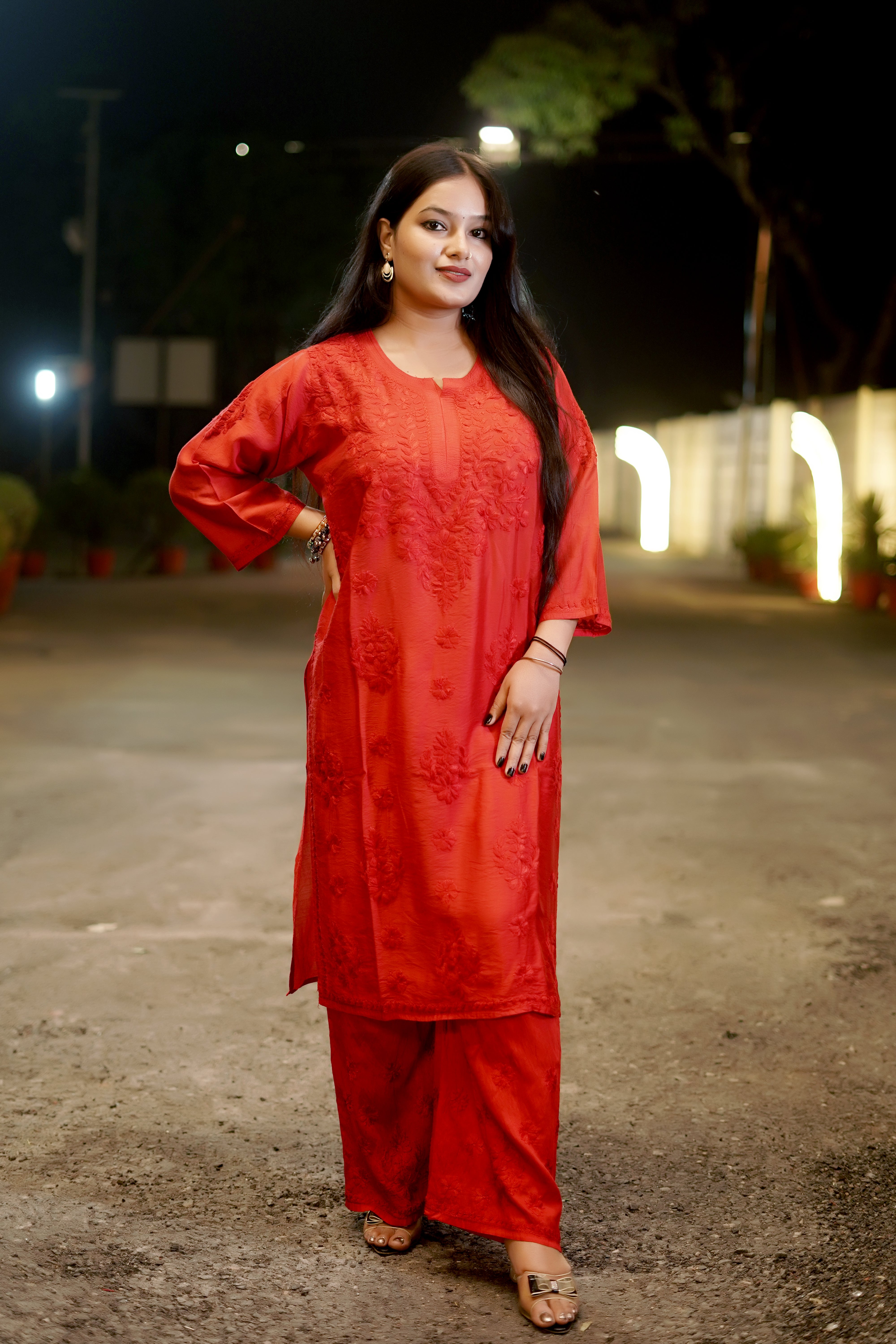 Red Chanderi Kurta Set with Palazzo | Handcrafted Chikankari Embroidery | Varnika Exclusive Chikan