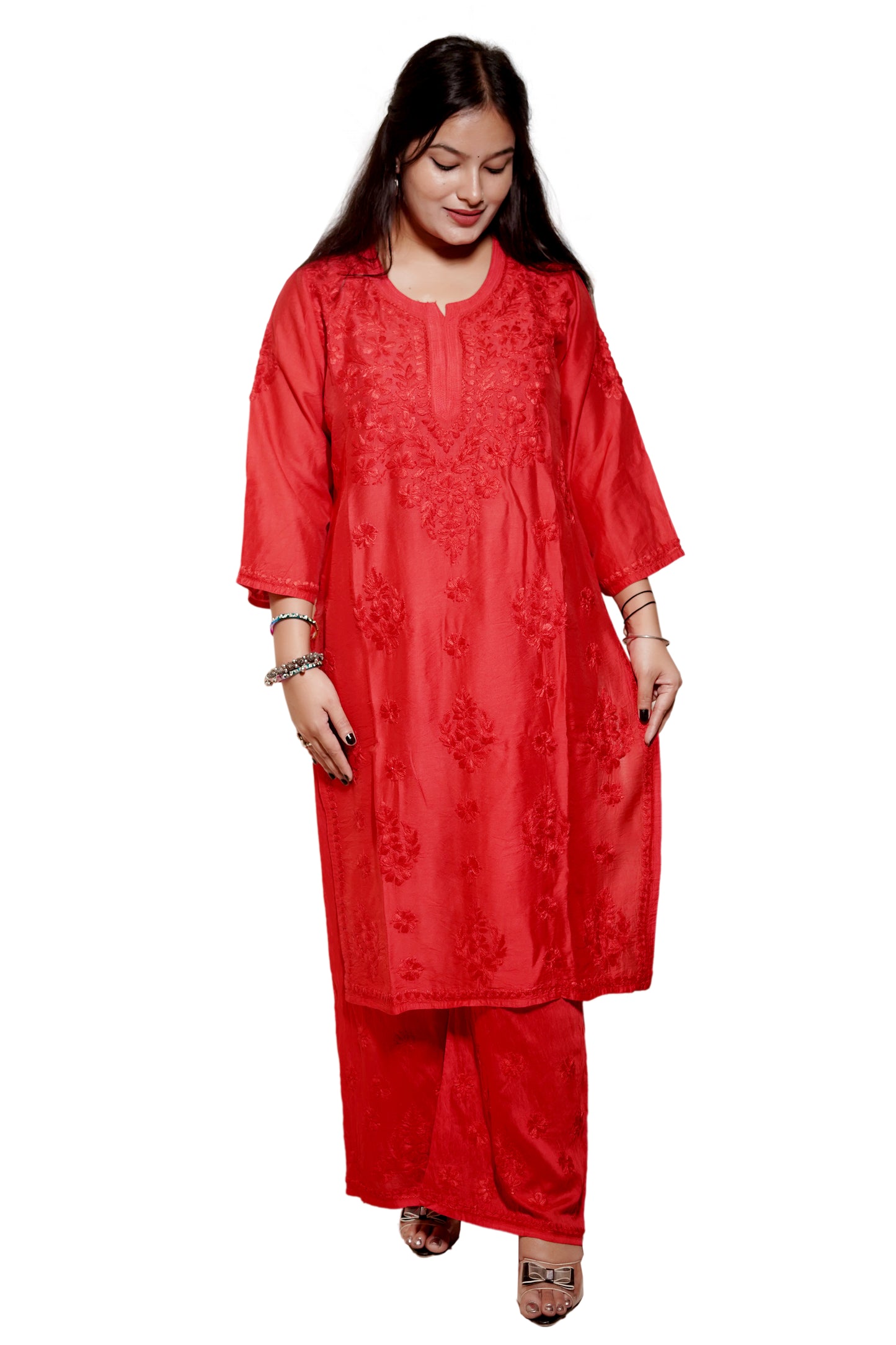 Red Chanderi Kurta Set with Palazzo | Handcrafted Chikankari Embroidery | Varnika Exclusive Chikan