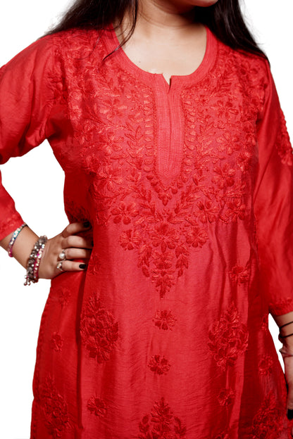 Red Chanderi Kurta Set with Palazzo | Handcrafted Chikankari Embroidery | Varnika Exclusive Chikan
