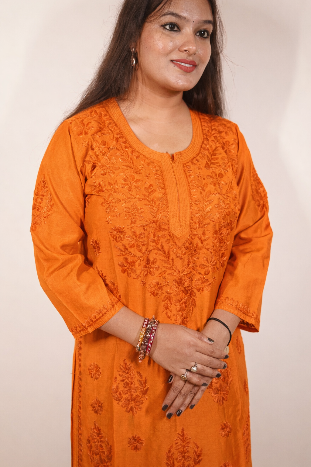 Orange Chanderi Kurta Set with Palazzo | Handcrafted Chikankari Embroidery | Varnika Exclusive Chikan