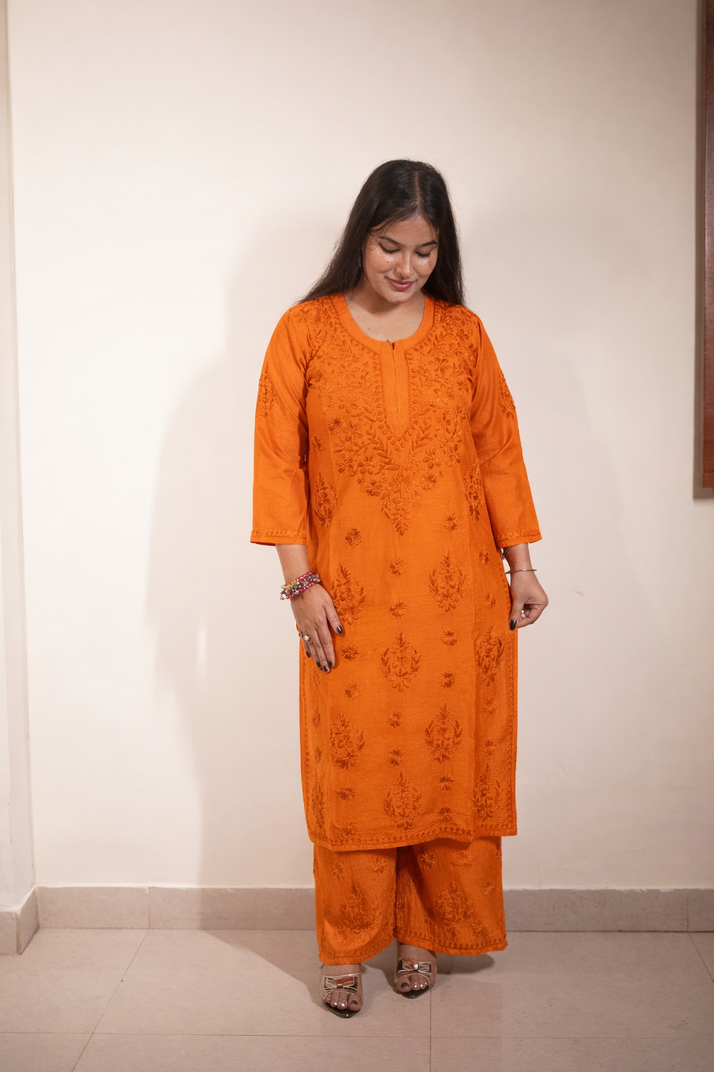 Orange Chanderi Kurta Set with Palazzo | Handcrafted Chikankari Embroidery | Varnika Exclusive Chikan