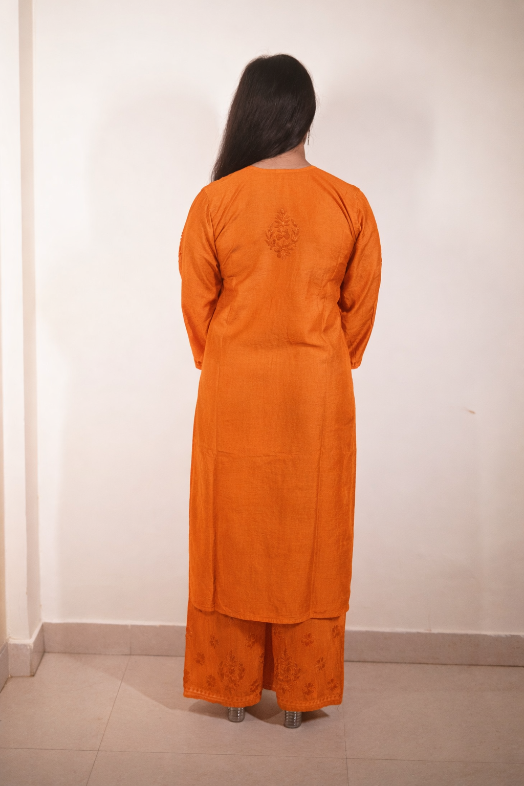 Orange Chanderi Kurta Set with Palazzo | Handcrafted Chikankari Embroidery | Varnika Exclusive Chikan