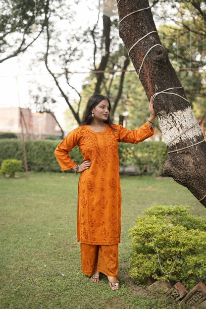 Orange Chanderi Kurta Set with Palazzo | Handcrafted Chikankari Embroidery | Varnika Exclusive Chikan