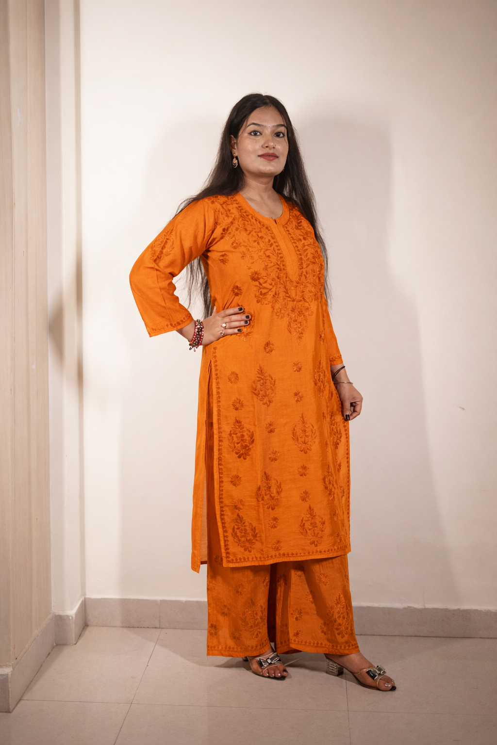 Orange Chanderi Kurta Set with Palazzo | Handcrafted Chikankari Embroidery | Varnika Exclusive Chikan