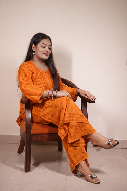 Orange Chanderi Kurta Set with Palazzo | Handcrafted Chikankari Embroidery | Varnika Exclusive Chikan