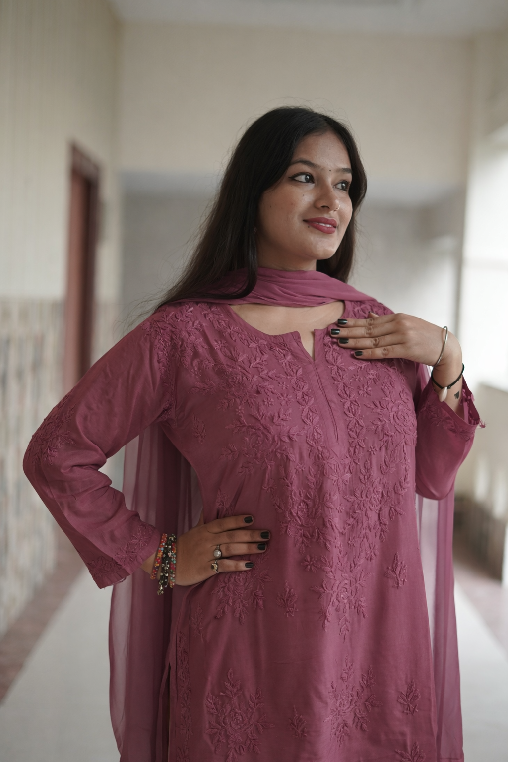 Light Wine Masleen Kurta Palazzo Dupatta Set  | Handcrafted Chikankari Kurti & Palazzo Set | Varnika Exclusive Chikan