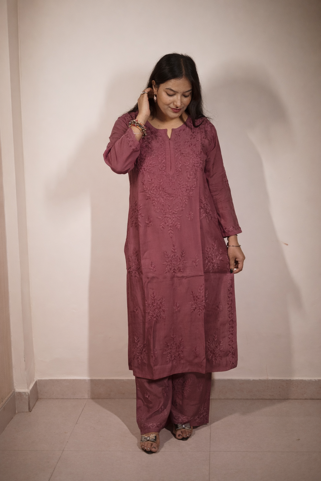 Light Wine Masleen Kurta Palazzo Dupatta Set  | Handcrafted Chikankari Kurti & Palazzo Set | Varnika Exclusive Chikan