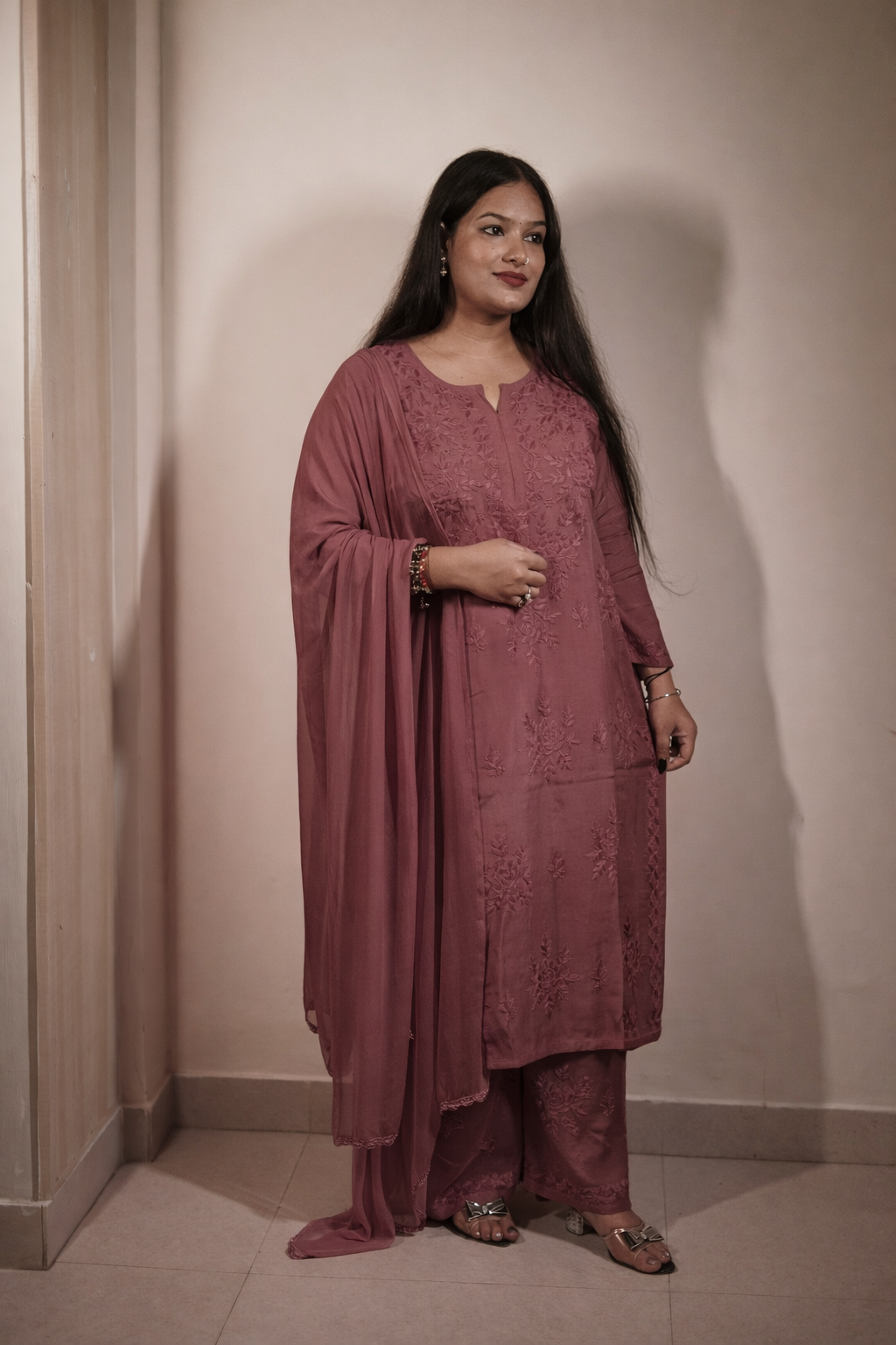 Light Wine Masleen Kurta Palazzo Dupatta Set  | Handcrafted Chikankari Kurti & Palazzo Set | Varnika Exclusive Chikan
