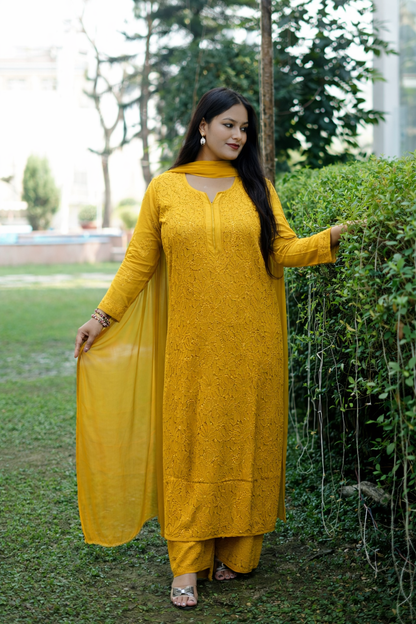 Yellow Viscose Hand-Embroidered Chikankari Kurta Palazzo Dupatta Set | Varnika Exclusive Chikan