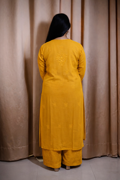 Yellow Viscose Hand-Embroidered Chikankari Kurta Palazzo Dupatta Set | Varnika Exclusive Chikan