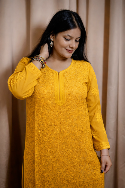 Yellow Viscose Hand-Embroidered Chikankari Kurta Palazzo Dupatta Set | Varnika Exclusive Chikan