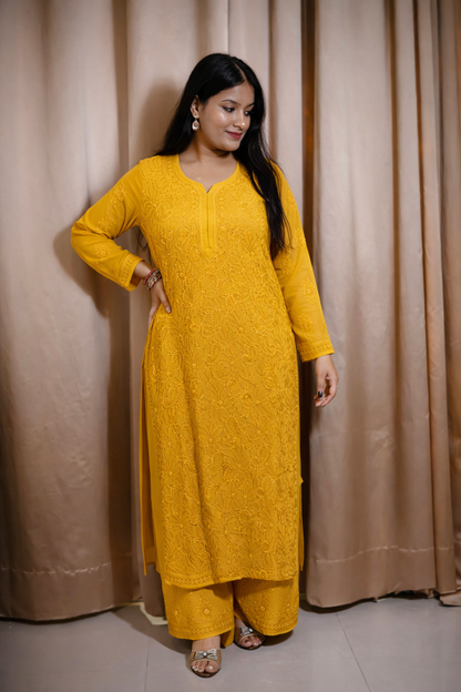 Yellow Viscose Hand-Embroidered Chikankari Kurta Palazzo Dupatta Set | Varnika Exclusive Chikan