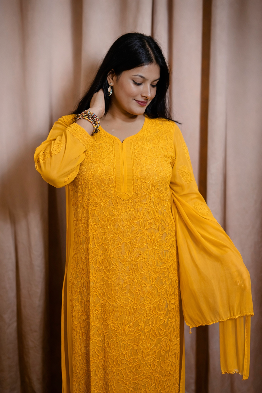 Yellow Viscose Hand-Embroidered Chikankari Kurta Palazzo Dupatta Set | Varnika Exclusive Chikan