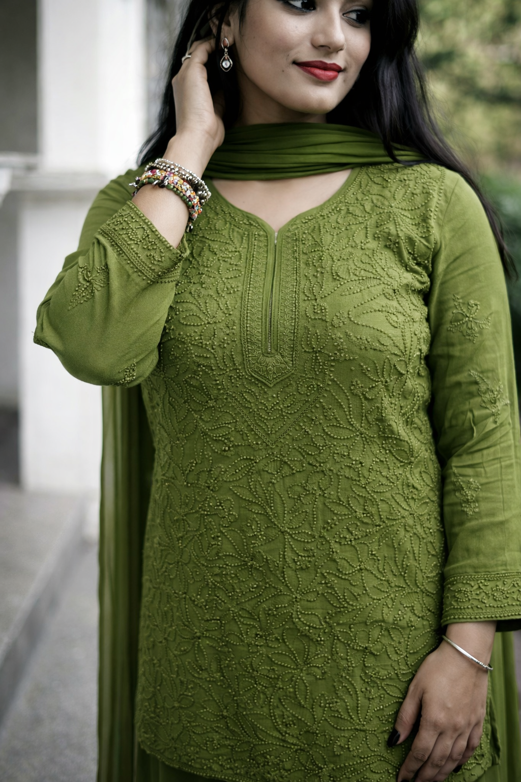 Olive Green Viscose Hand-Embroidered Chikankari Kurta Palazzo Dupatta Set | Varnika Exclusive Chikan